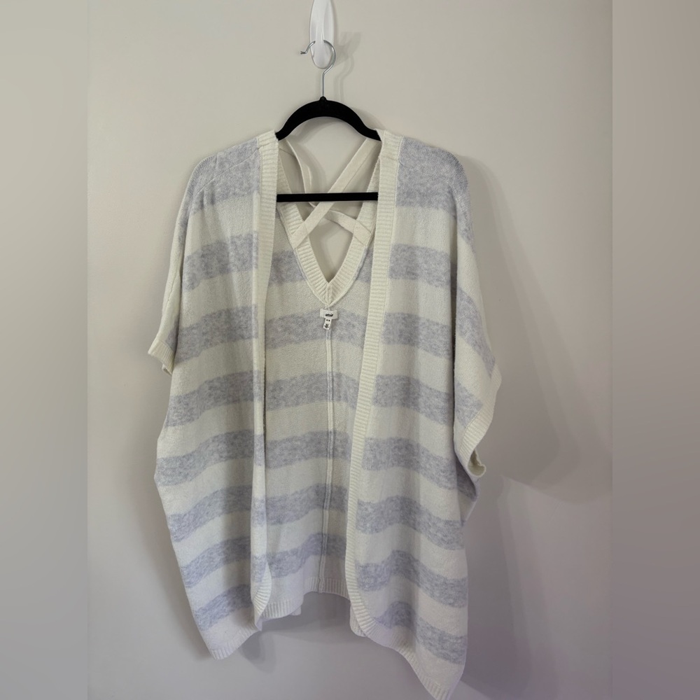 Striped V-Neck Open Front Sweater Cardigan - White & Light Gray